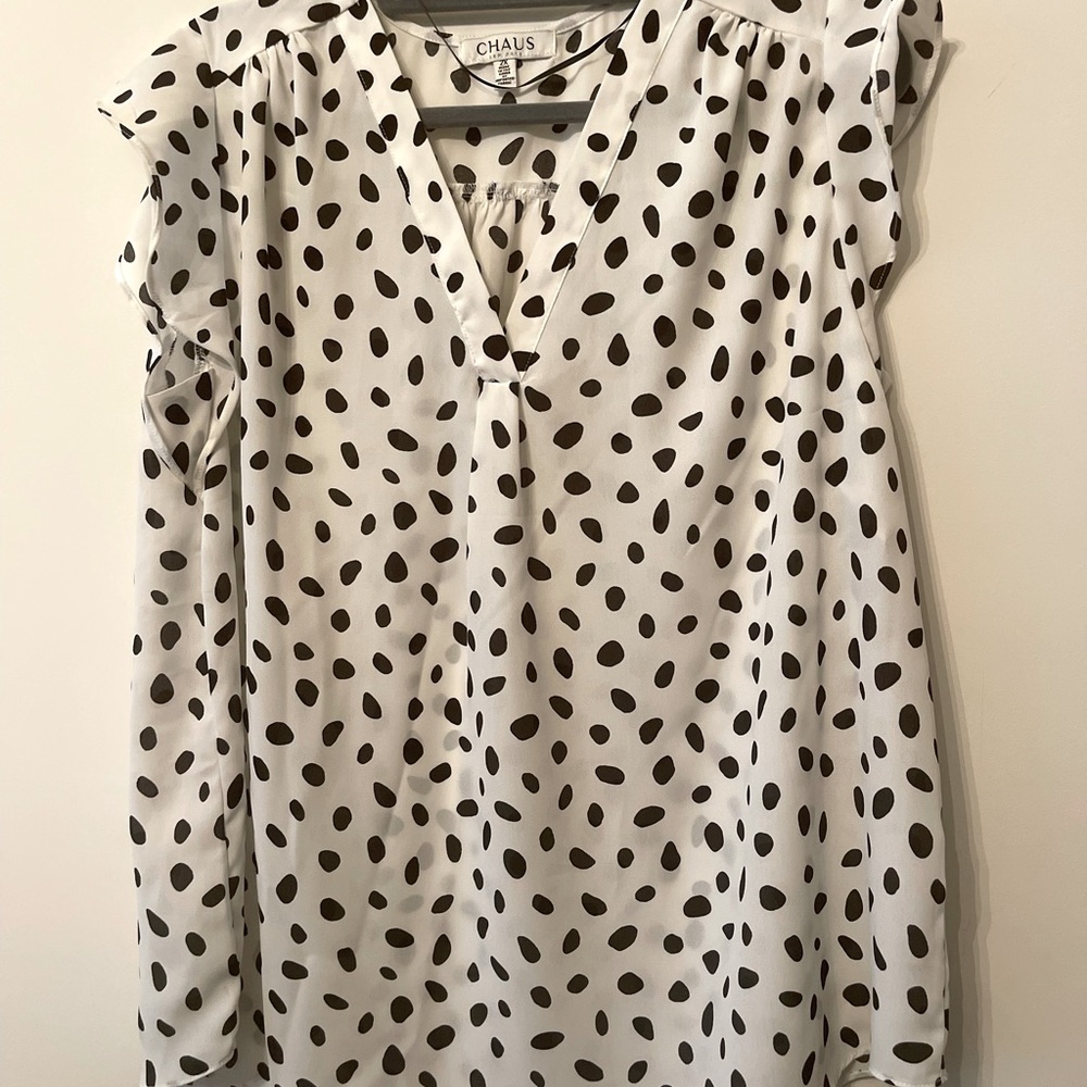 Challis white blouse with black polka dots.